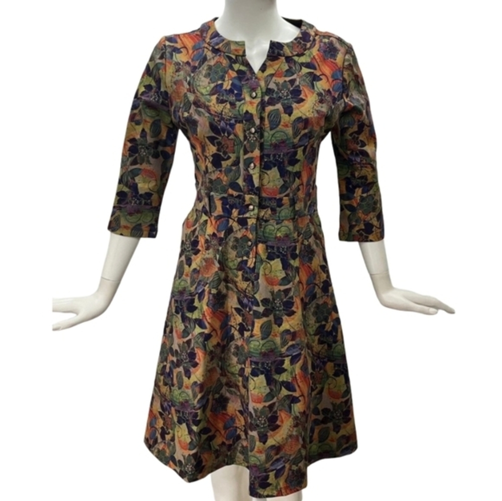 Metisu Women's Floral Print Midi Dress 3/4 Sleeve V-Neck Belted Pockets Soft